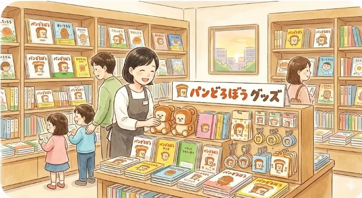 書店の特設コーナーでパンどろぼうの絵本や可愛い関連グッズを笑顔で並べている日本人店員のイラスト