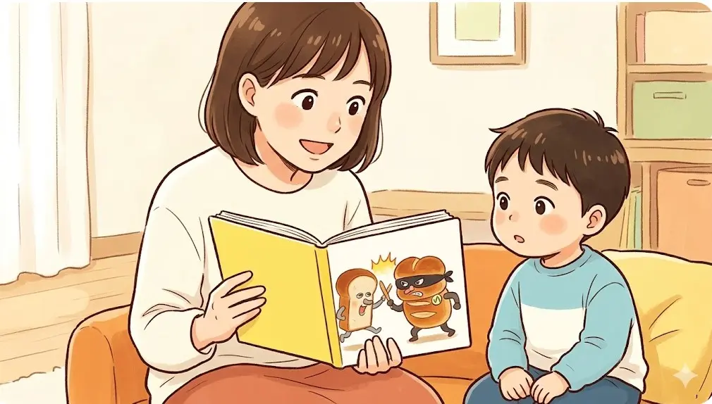 ソファーに座って親子でパンどろぼうの絵本を読み聞かせしているイラスト