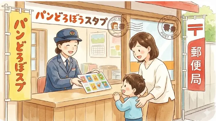 郵便局の窓口で笑顔の日本人局員からパンどろぼうの限定切手シートを受け取る母親と男の子のイラスト
