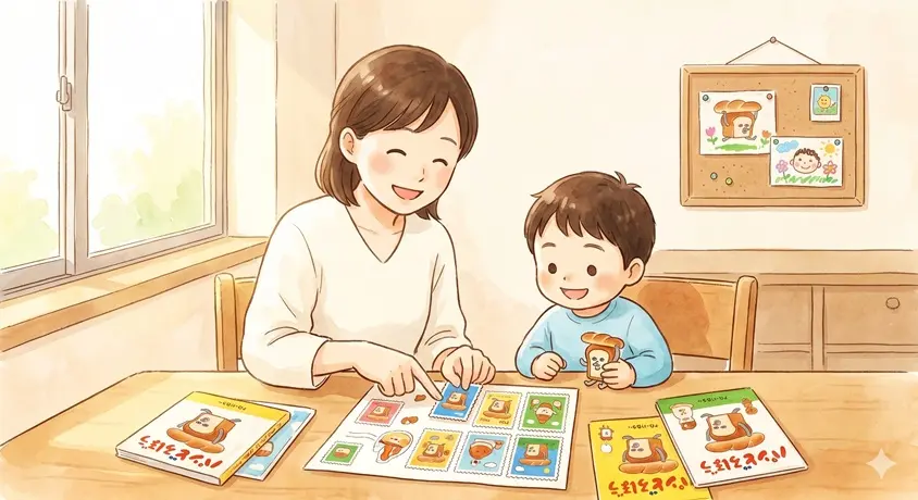 自宅のテーブルでパンどろぼうの可愛い切手シートを笑顔で見つめ合う日本人の母親と男の子のイラスト