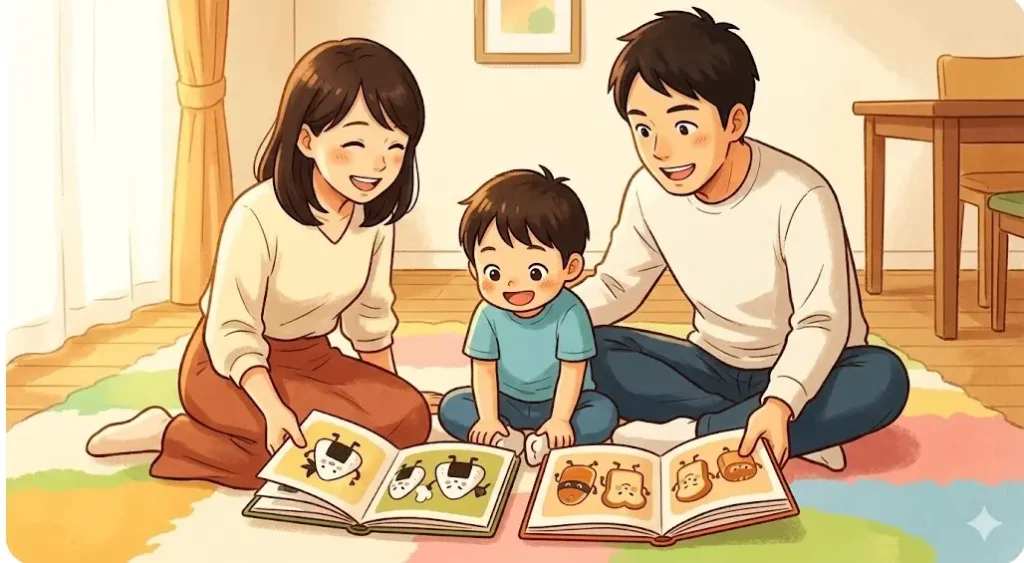 おにぎりぼうやとパンどろぼうの絵本を家族三人で読み比べているイラスト