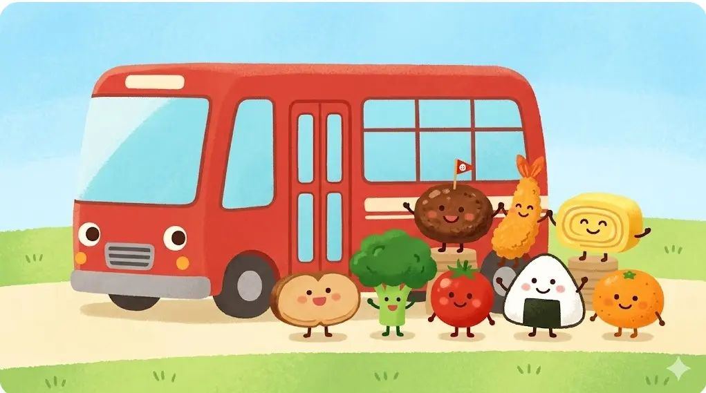 お弁当バスの絵本に登場するハンバーグやエビフライなど7種類のおかずキャラクタ