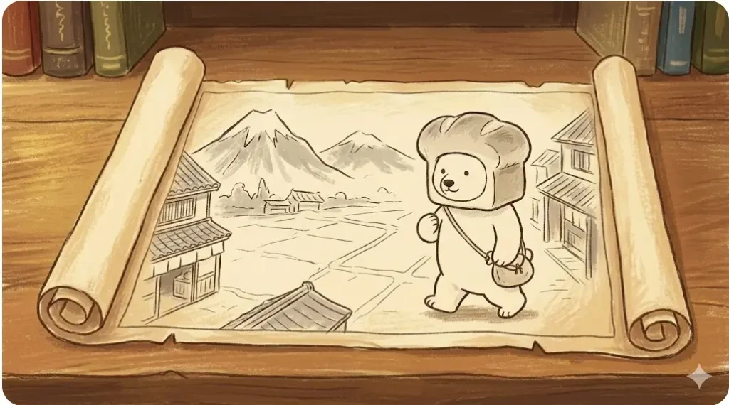 古い巻物に描かれた、パンを被って歩くしろくまの原型キャラクター「結城さん」のイラスト。