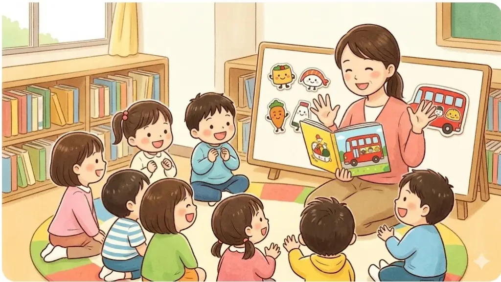 先生が子供たちにお弁当バスの絵本を読み聞かせている様子