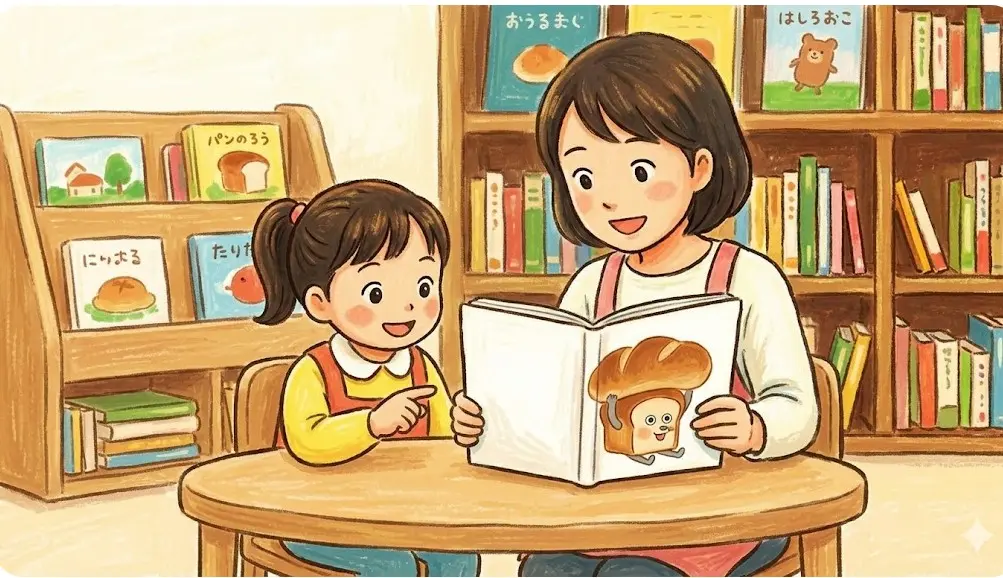 日本人の母親と女の子がテーブルでパンどろぼうの絵本を仲良く読んでいるイラスト。