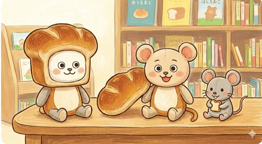 パンどろぼうの被り物を脱がせることができる、ねずみの姿が現れる着脱式ぬいぐるみのイラスト。