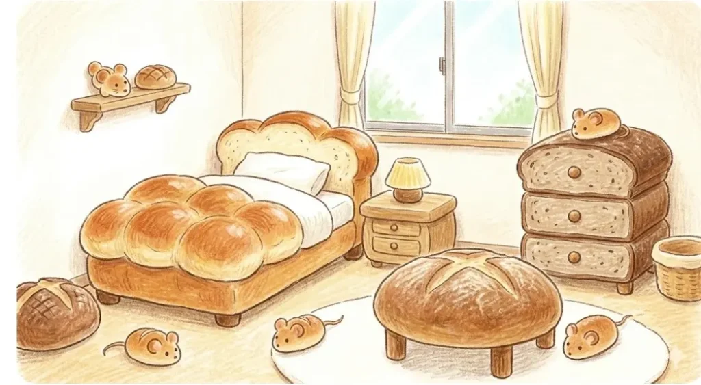 ベッドやテーブルなどがパンの形をしている部屋とネズミたち