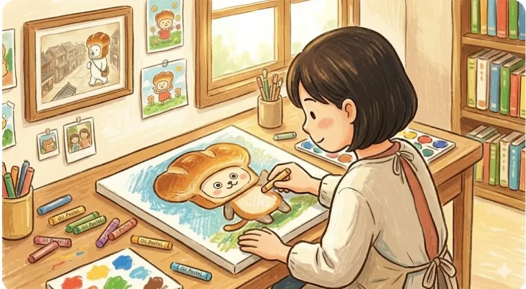 日本人女性がアトリエの机で、オイルパステルを使ってパンどろぼうの絵を描いているイラスト。