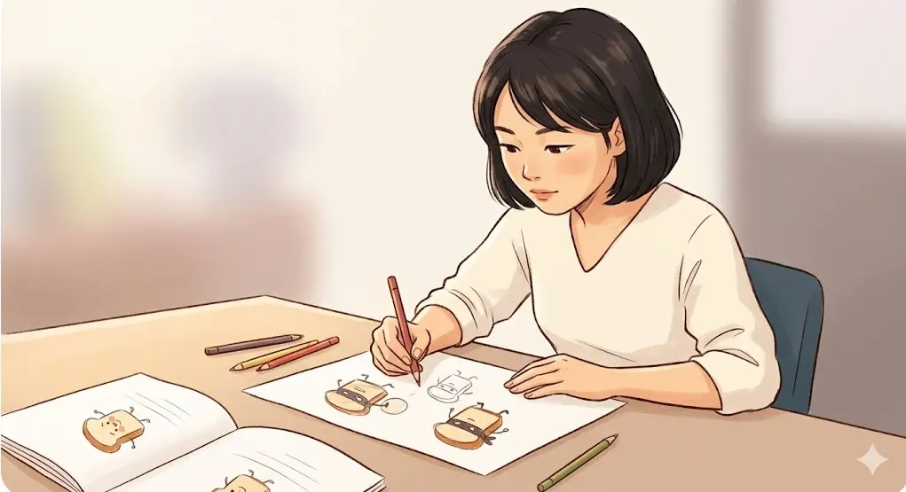 アトリエで机に向かいパンどろぼうのキャラクターを丁寧に描く柴田ケイコさんのイメージイラスト