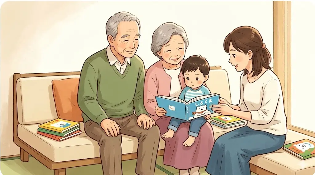 しろくまシリーズの絵本を祖父母から孫まで三世代で楽しそうに読んでいる家族のイラスト