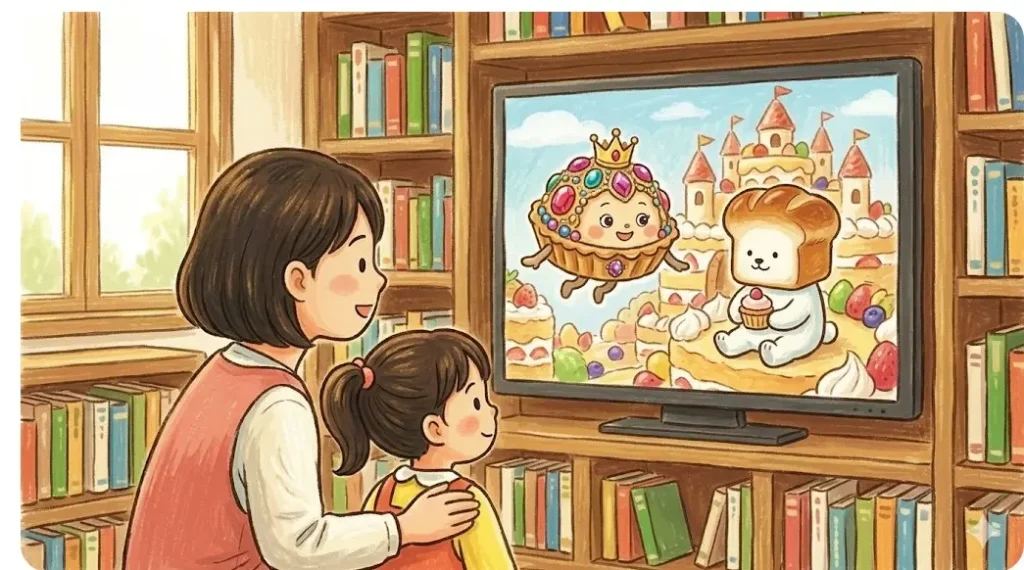 テレビ画面に映る、最新作「パンどろぼうとスイーツおうじ」の華やかなシーンを眺める親子。