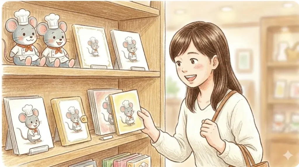 お店でネズミのキャラクターの絵本やグッズを選ぶ大人の女性