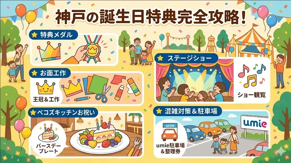 神戸アンパンマンミュージアムで誕生日王冠をかぶる子どもと、特製メダル、ステージ、レストランお祝い、umie駐車場攻略法を表現したイラスト。