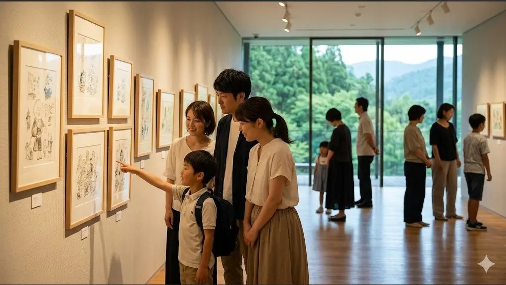 自然光が差し込む静かな美術館のギャラリーで壁に飾られた絵画作品を鑑賞する日本人の家族