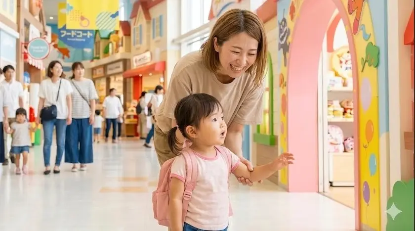 ポップでカラフルな屋内のショッピングモールを笑顔で歩く日本人の母親と小さな女の子