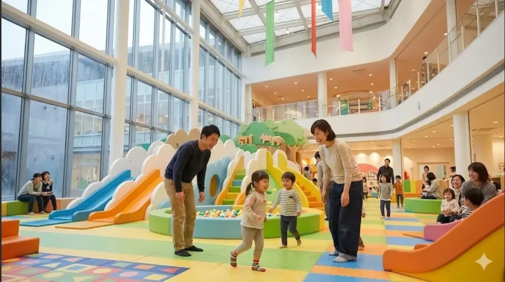 天候を気にせず遊べる大きな窓がある明るい完全屋内の遊び場で楽しそうに過ごす日本人家族