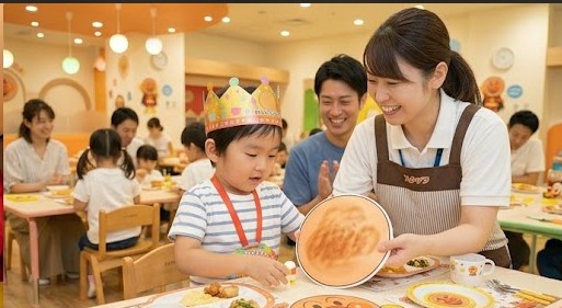 アンパンマンのレストランで誕生日のお祝いをする子ども