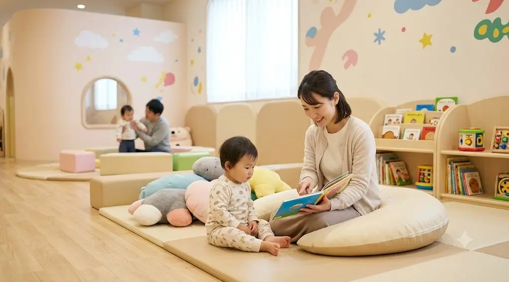 ベビーエリアのえほんコーナーで絵本を読む親子