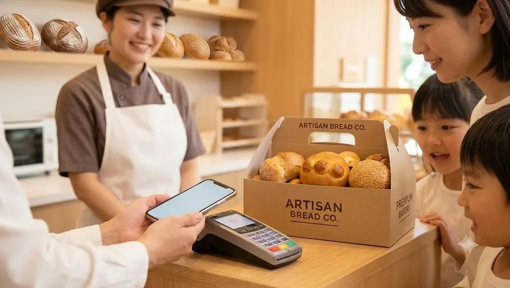 パン屋さんのレジでスマホ決済をする家族