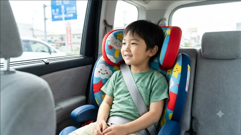 車のジュニアシートに座る笑顔の男の子