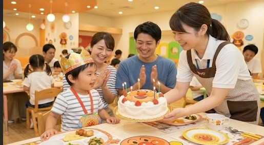 ペコズキッチンのバースデーパックでケーキのお祝いをする様子