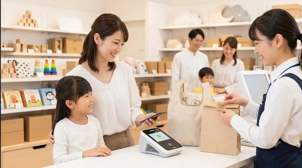 お店でスマホのキャッシュレス決済を利用する親子
