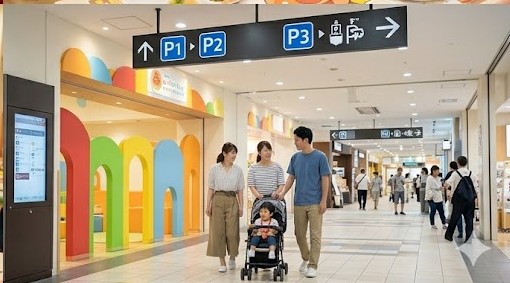 umie館内をベビーカーで移動する家族と駐車場案内表示