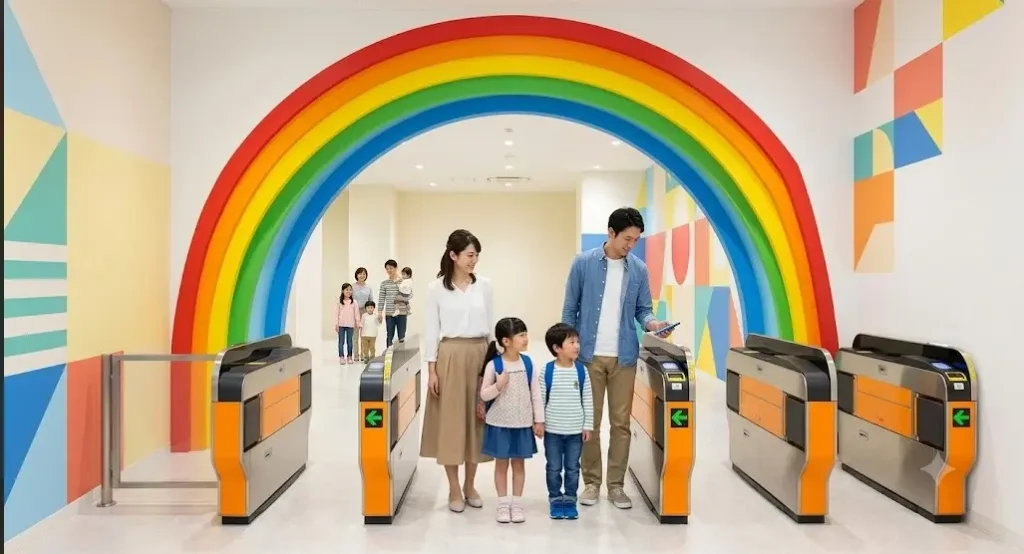 虹色のゲートをスムーズに入場する家族連れ