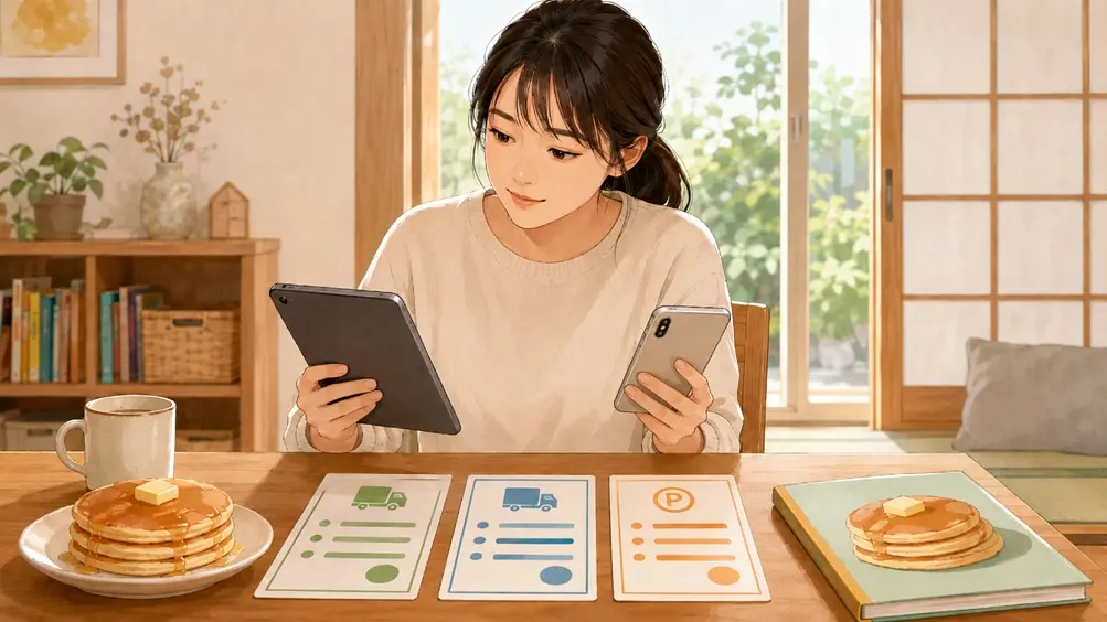 日本人女性がタブレットとスマホで絵本の価格、送料、ポイントを比較する様子