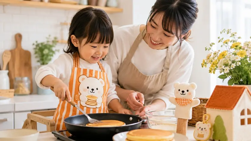 くま柄のキッズエプロンを着て母親とホットケーキを作る子ども