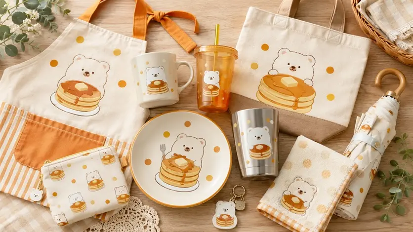 しろくまちゃんのほっとけーき風の食器やエプロン、バッグ、ポーチなどのグッズ