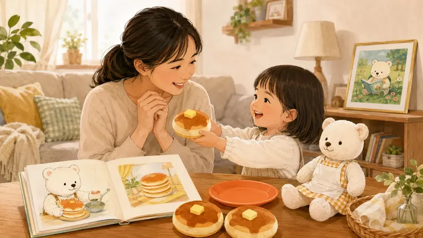 絵本を読んだ後にぬいぐるみと布製ホットケーキを使って親子でごっこ遊びを楽しむ様子