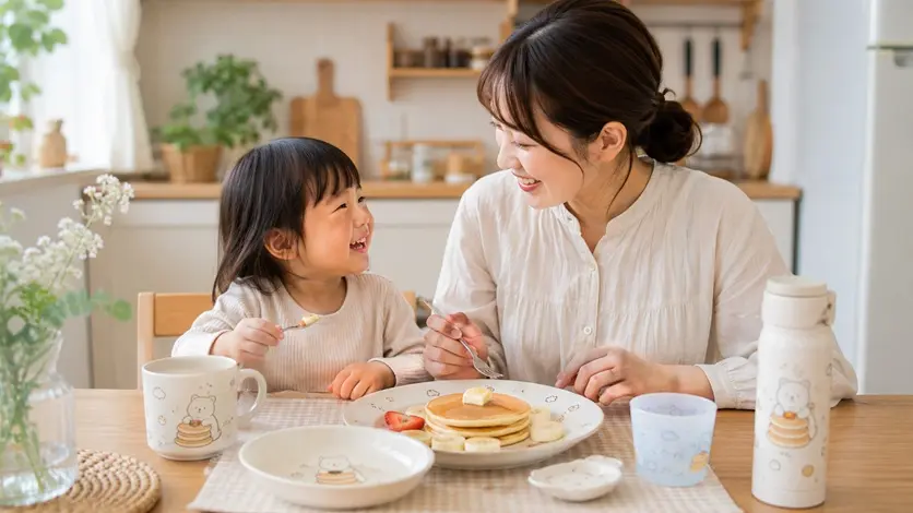 くま柄のマグカップやコップ、皿を使ってホットケーキを食べる親子