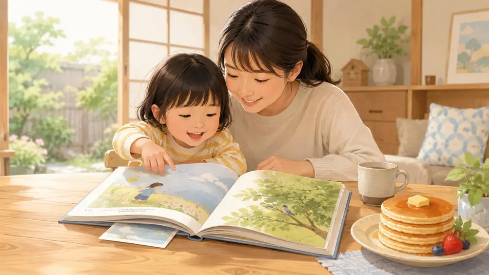 日本人の親子が食卓で絵本を読み、そばにホットケーキが置かれた様子