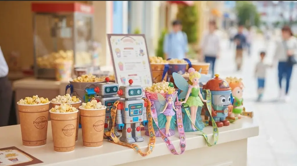 ワゴンに並べられた様々なキャラクターのポップコーンケース