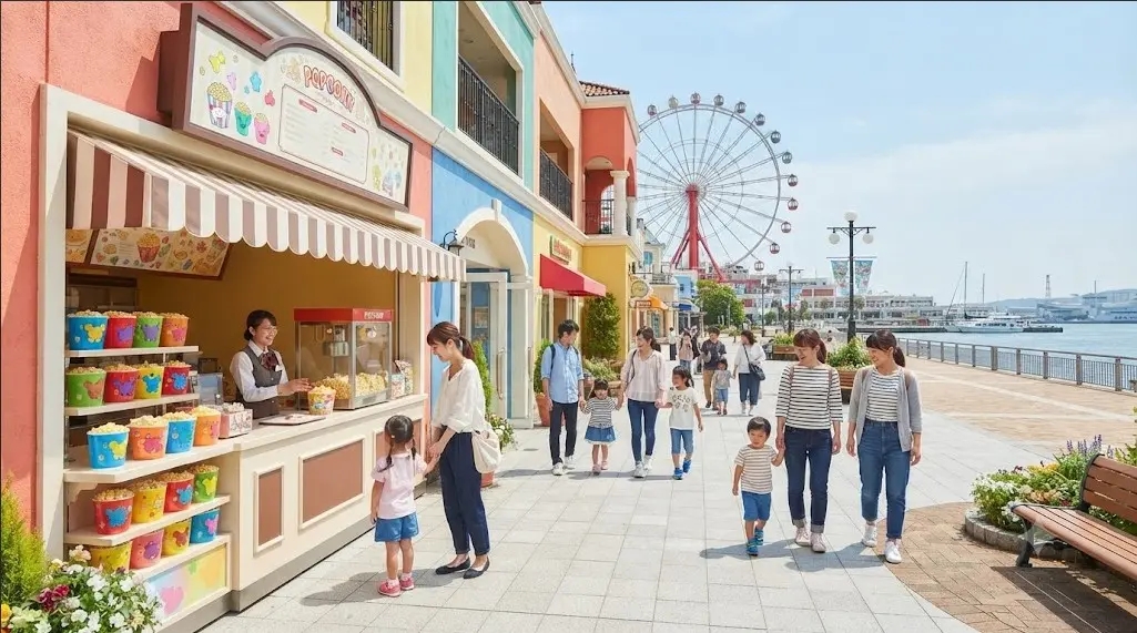 遊園地のポップコーン売り場に並ぶ親子の様子