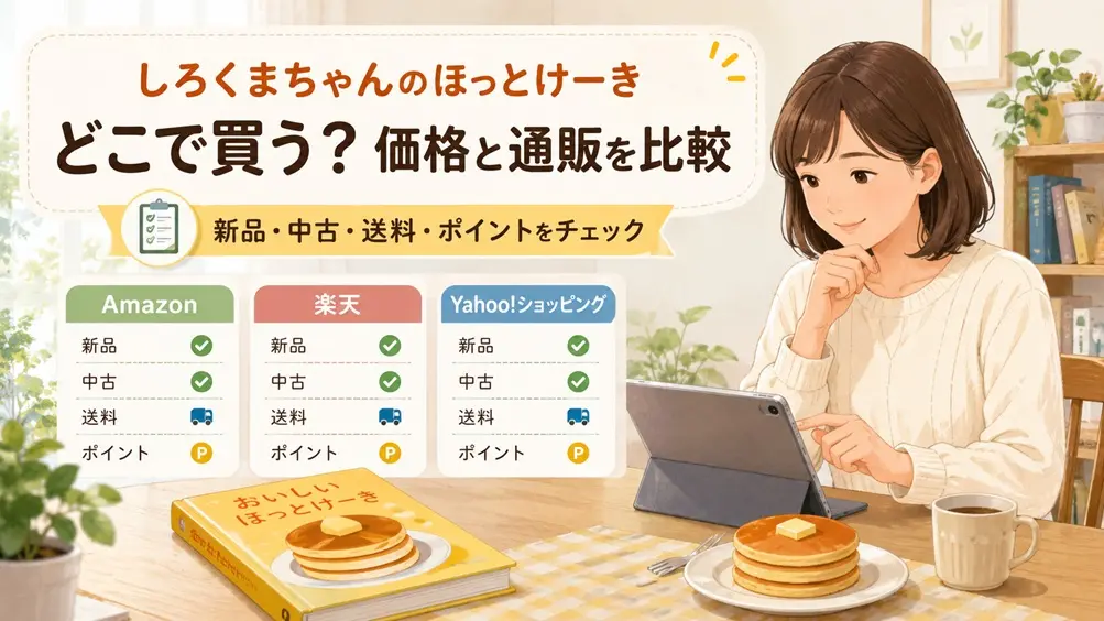 日本人女性がしろくまちゃんのほっとけーきの価格や送料をAmazon・楽天・Yahoo!ショッピングで比較するイラスト