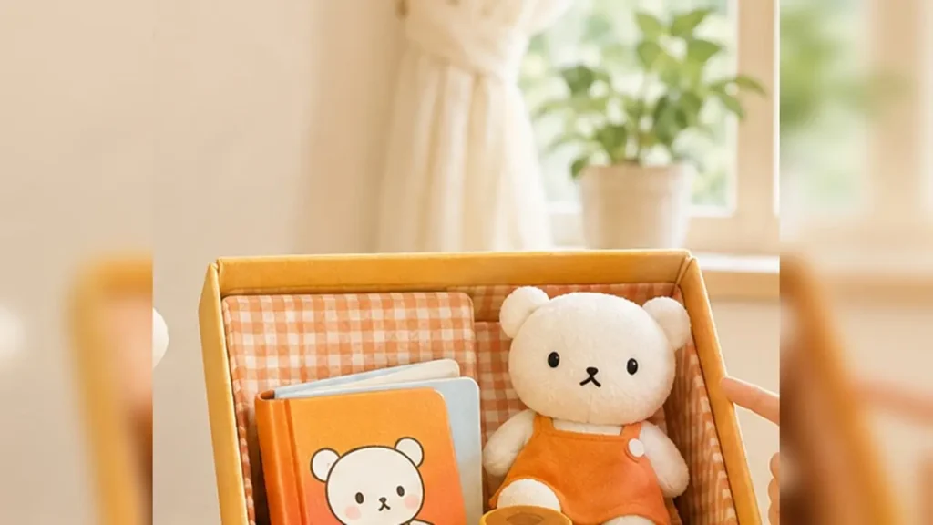 しろくまのぬいぐるみとミニ絵本とホットケーキ小物を組み合わせたセットのイメージ