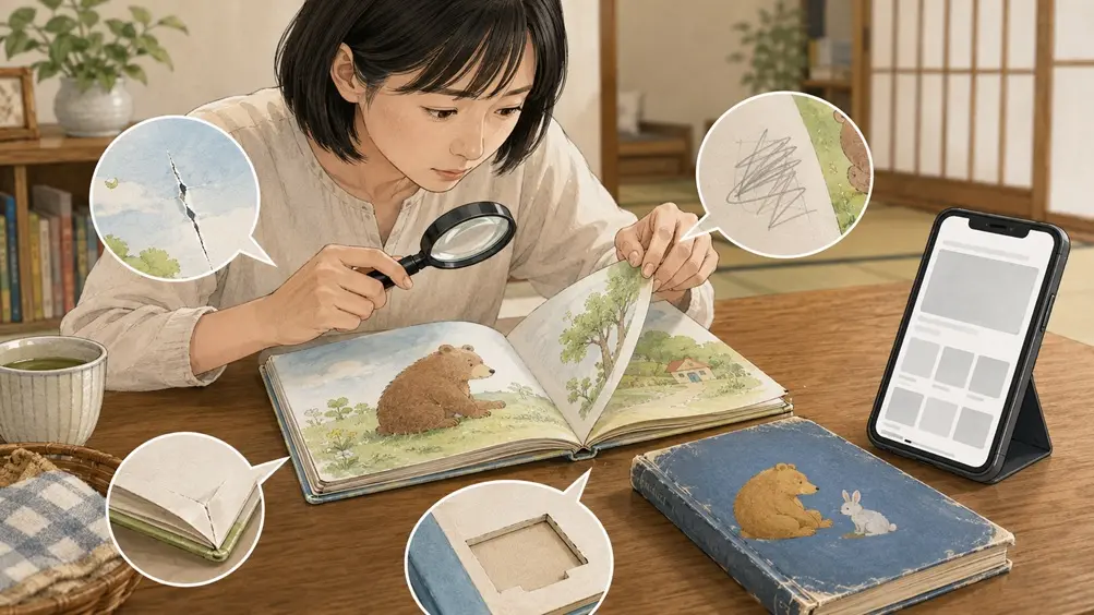 日本人女性が中古絵本の破れや書き込み、折れ、付属物の欠損を確認する様子