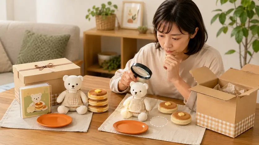 中古の夢のふくふくセットに欠品がないかミニ絵本やぬいぐるみ、ホットケーキ、お皿を確認する女性