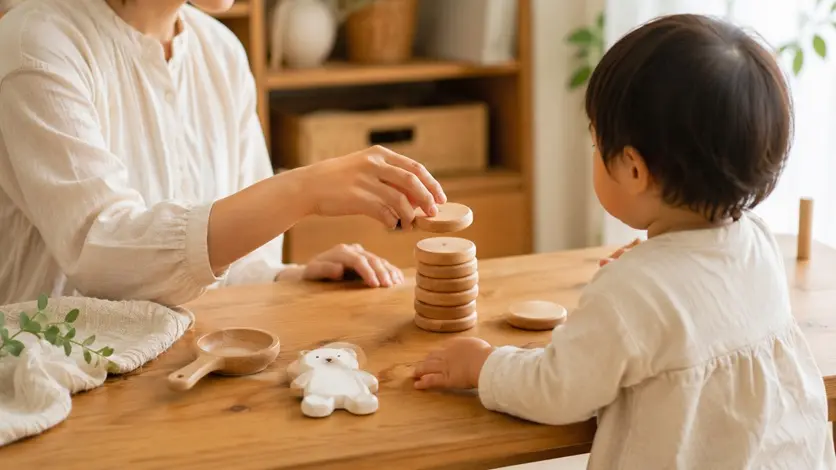 親子で丸いホットケーキ型の木製パーツを重ねて遊ぶイメージ