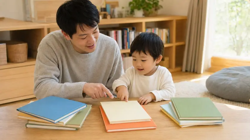 親子が単品の絵本と複数冊の絵本を見比べるAIイメージ