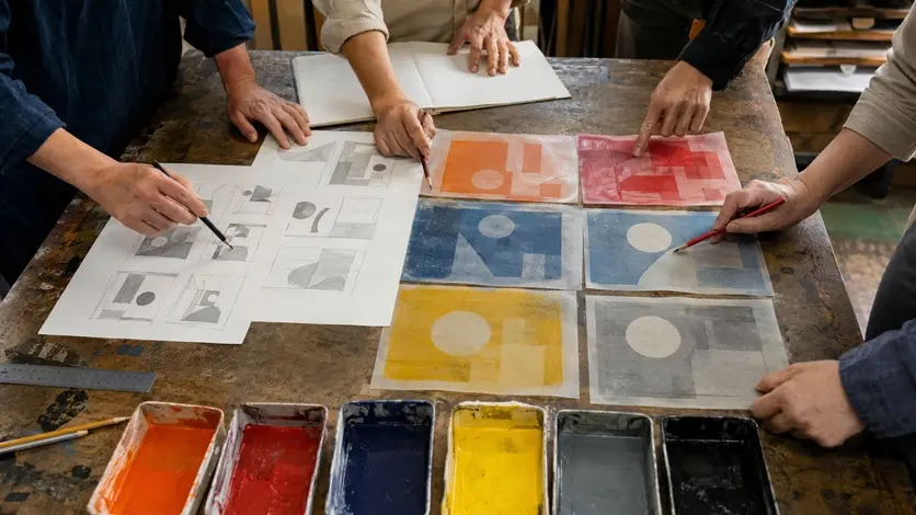 色版や構図の資料を囲み複数人で絵本制作を話し合う様子を表したAIイメージ
