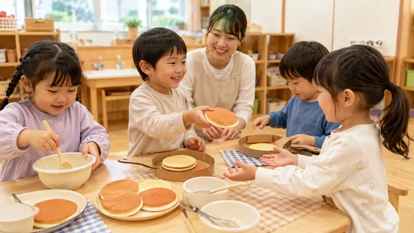 保育室のテーブルで、子どもたちがボウルや段ボール製のフライパンを使ってホットケーキの見立て遊びをしている様子