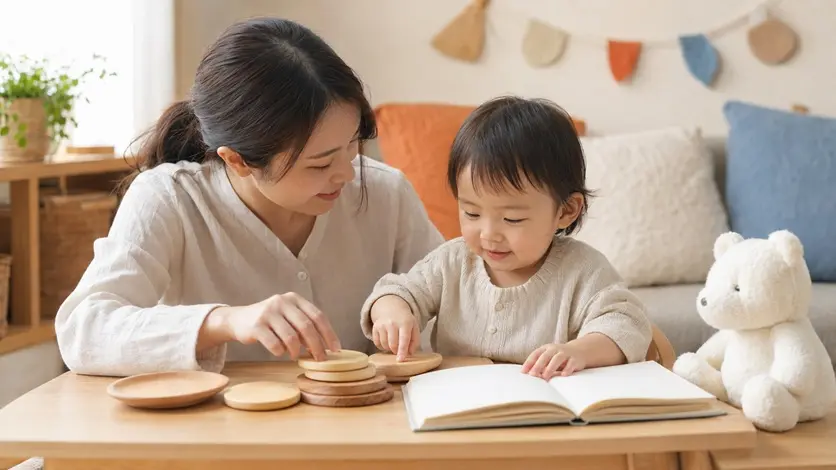 幼い子どもが親と絵本や木の積み木を楽しむ誕生日プレゼントのイメージ